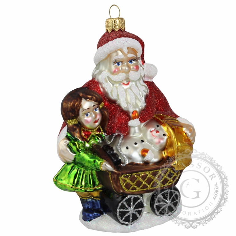 Glasfigur Nikolaus mit Puppenwagen
