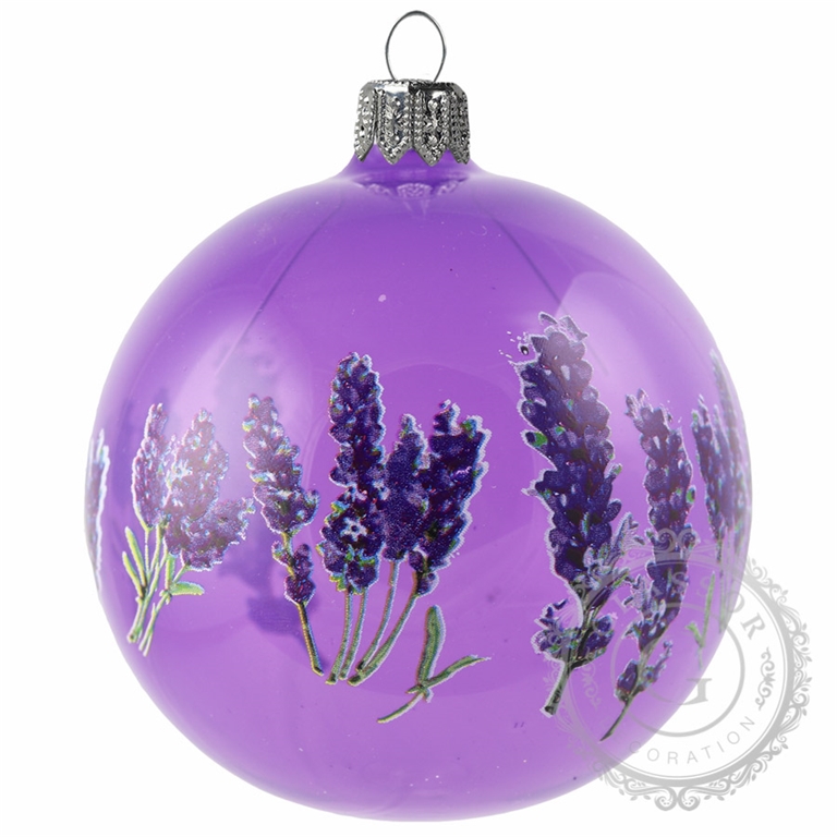 Violette Glaskugel mit Lavendelblumendekor.