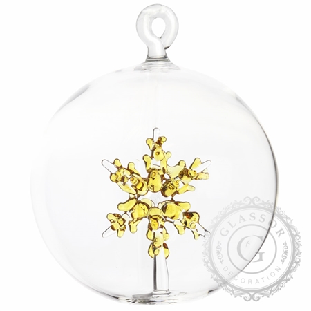 Glaskugel mit gelber Schneeflocke