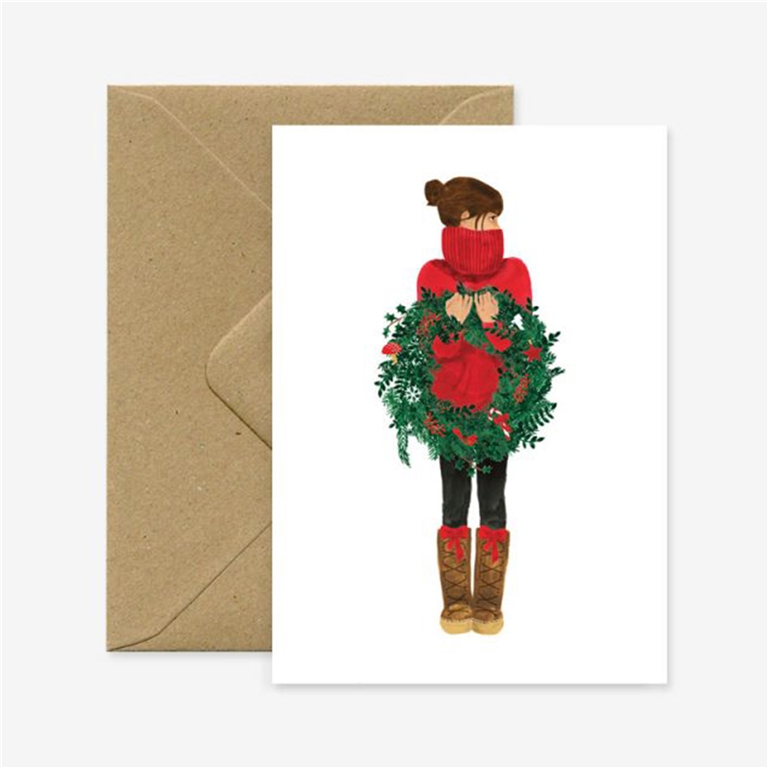 Geschenkkarte Weihnachtsmädchen mit einem Kranz