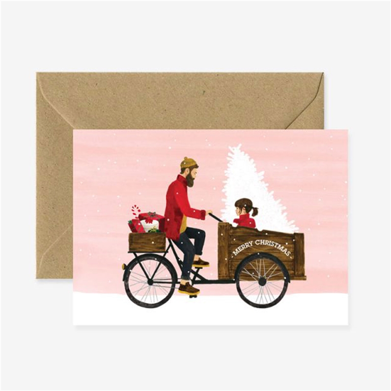 Geschenk Weihnachtskarte Vater mit Tochter auf dem Fahrrad