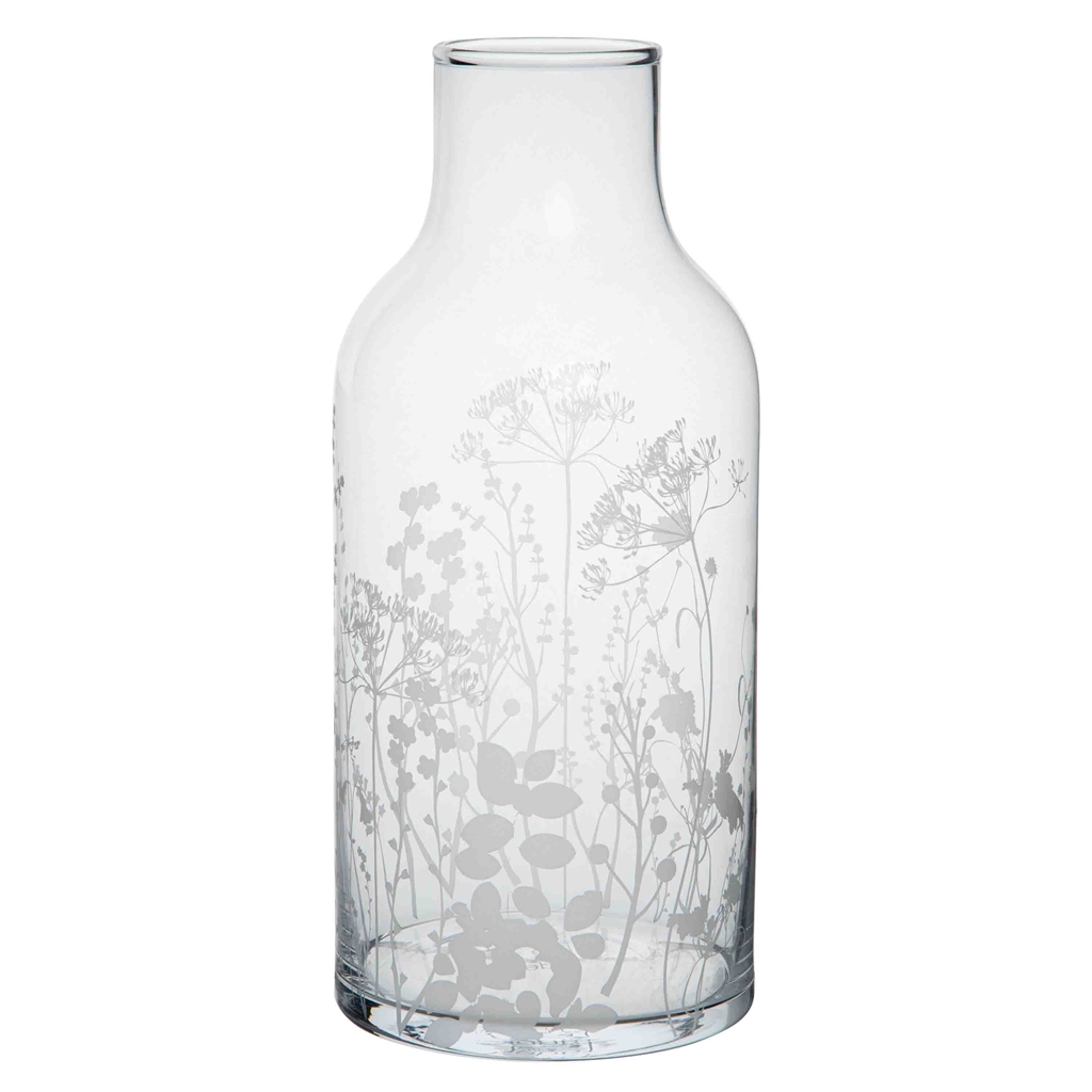 Klare Vase mit Wiesenblumenmotiv