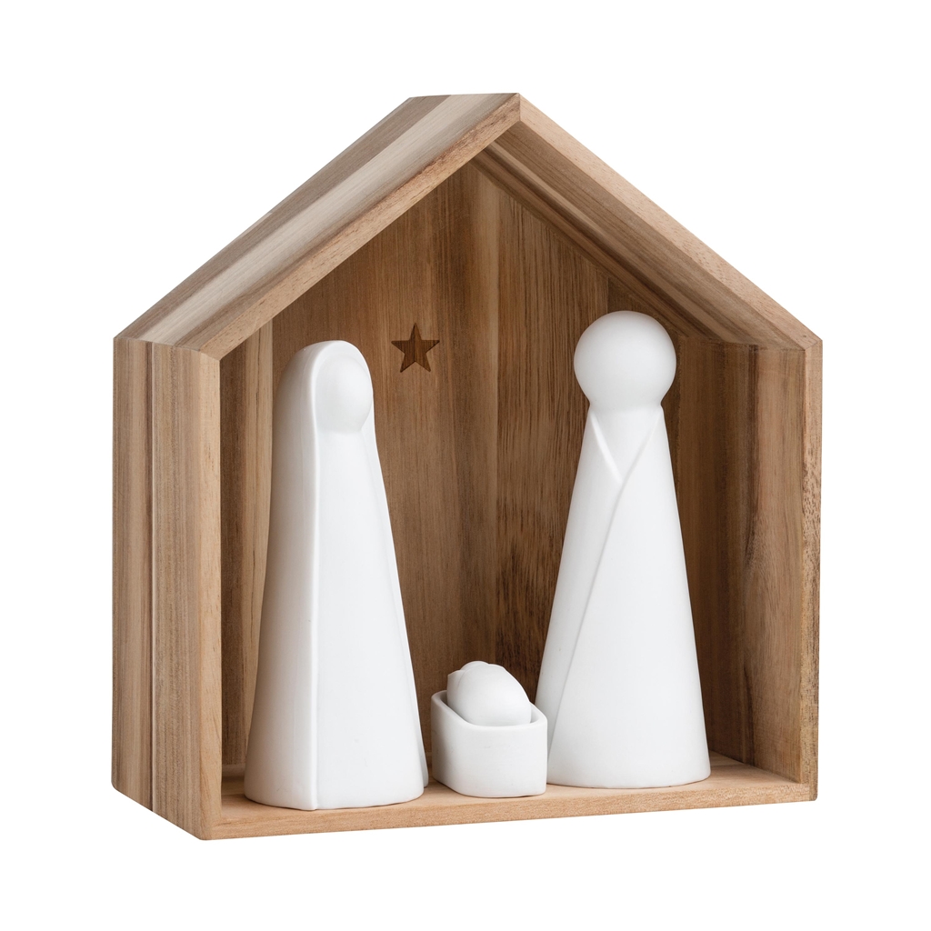 Bethlehem aus Holz mit Porzellanfiguren