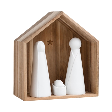 Bethlehem aus Holz mit Porzellanfiguren