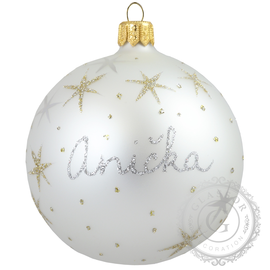 Weihnachtskugel aus Glas mit Namen weiß DecorbyGlassor.cz