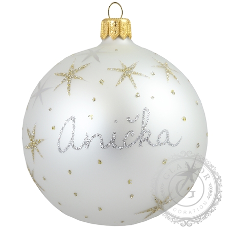 Weihnachtskugel aus Glas mit Namen weiß
