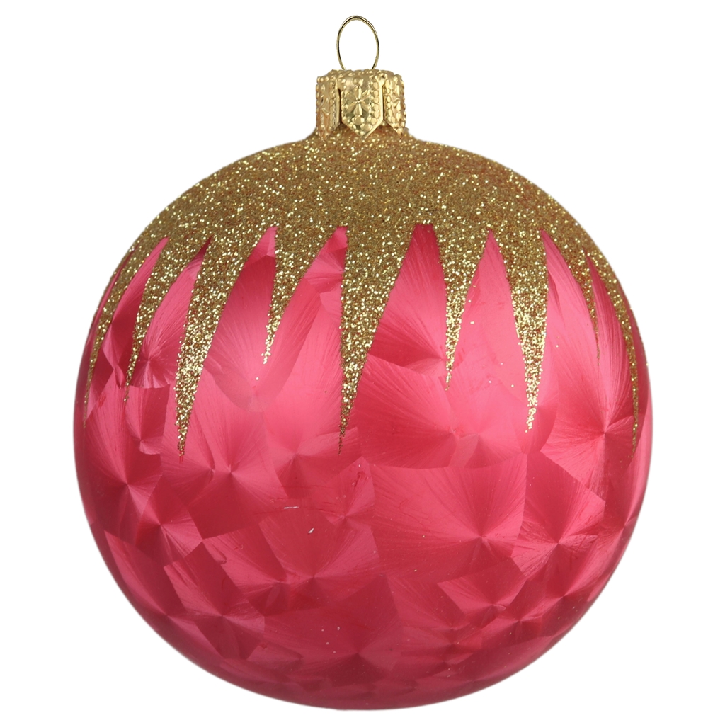 Weihnachtsglaskugel mit rosa Eiseffekt mit Golddekor