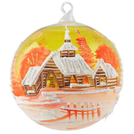 Weihnachtskugel orange mit bemaltem Häuschen