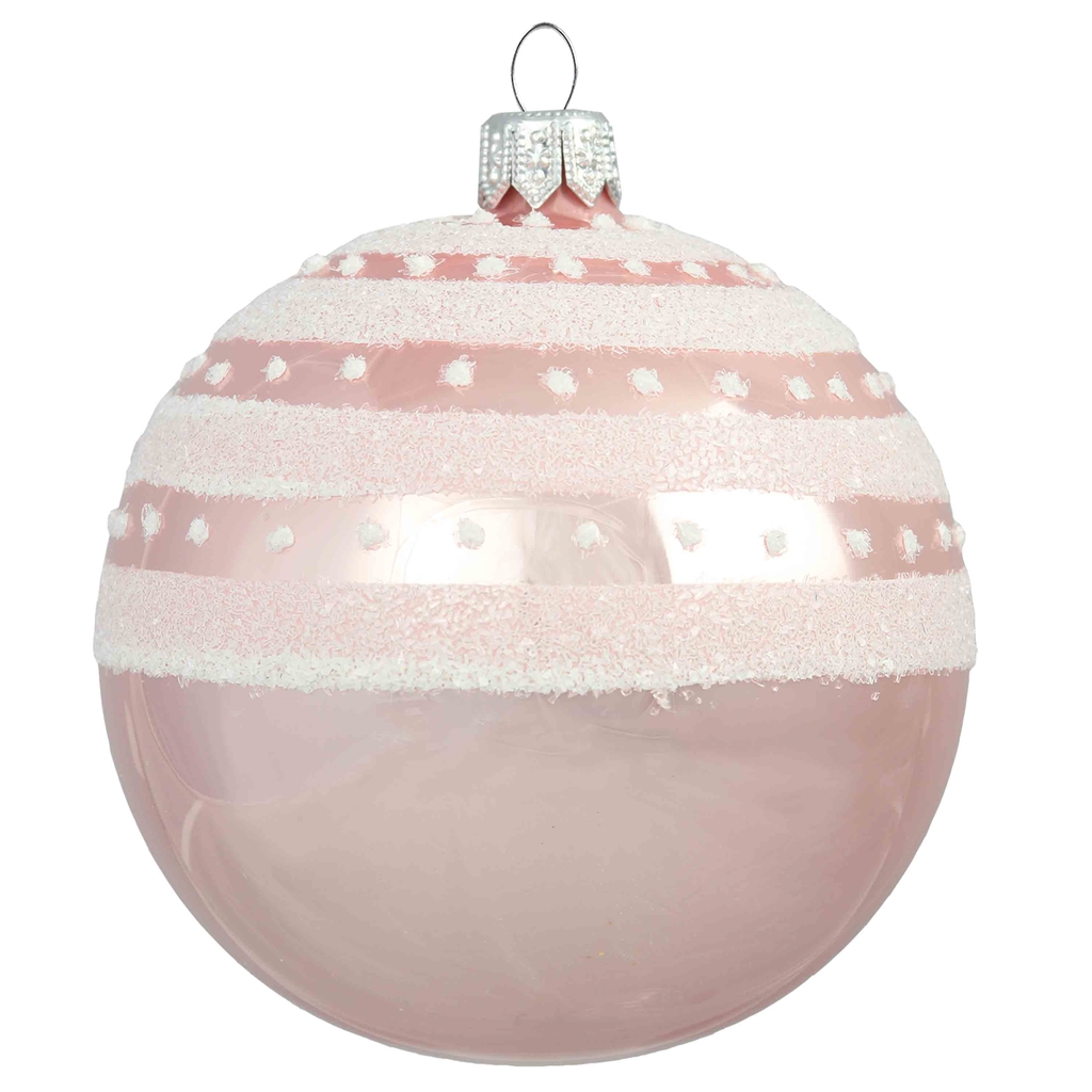 Rosa Glaskugel mit schneebedecktem Dekor
