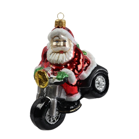 Glasfigur Weihnachtsmann auf einem Motorrad
