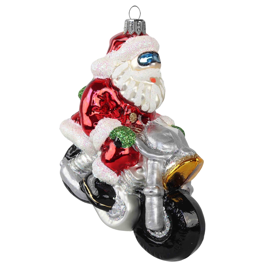 Glasfigur Weihnachtsmann auf dem Motorrad
