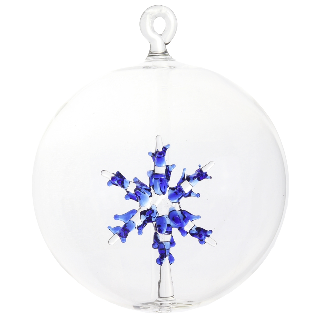Transparente Glaskugel mit blauer Schneeflocke