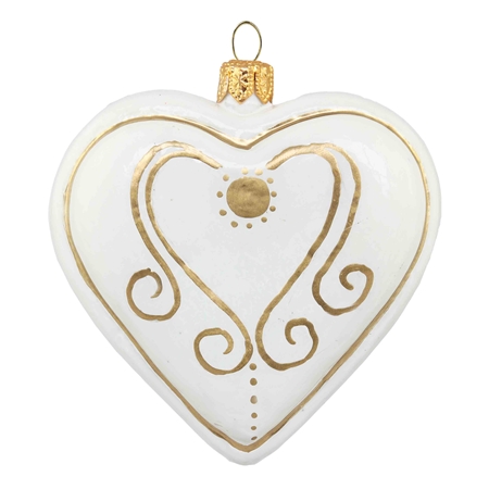 Weißes Herz aus Glas-Lebkuchen mit goldenem Dekor