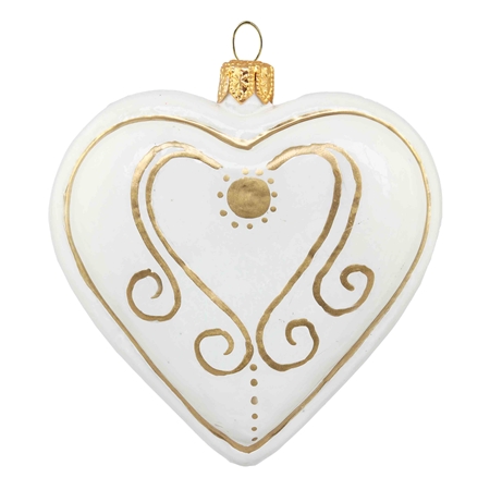 Weißes Herz aus Glas-Lebkuchen mit goldenem Dekor