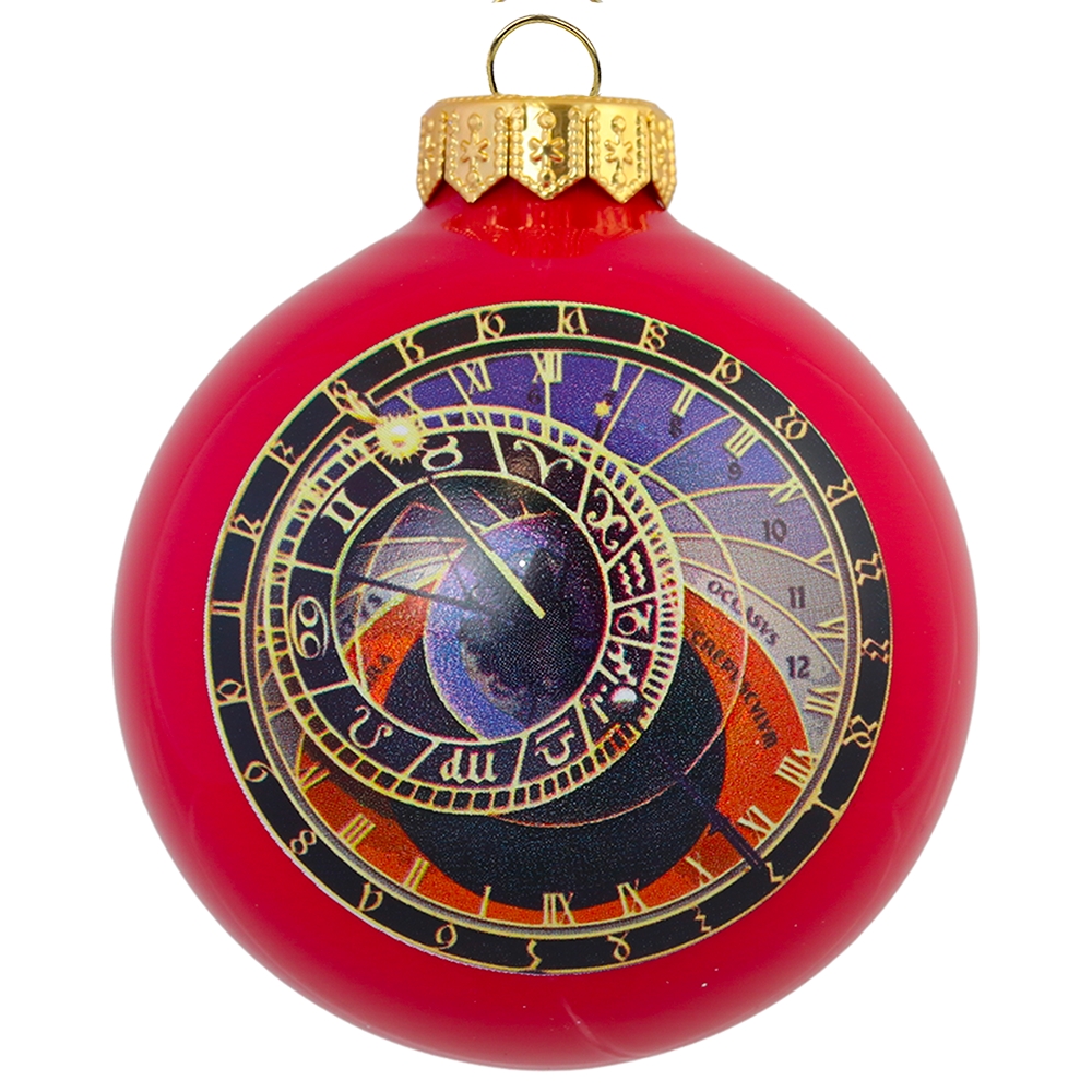 Glaskugel in pastellroter Farbe mit astronomischer Uhr