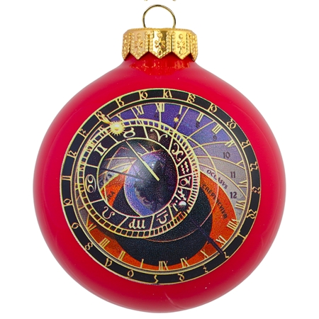 Glaskugel in pastellroter Farbe mit astronomischer Uhr