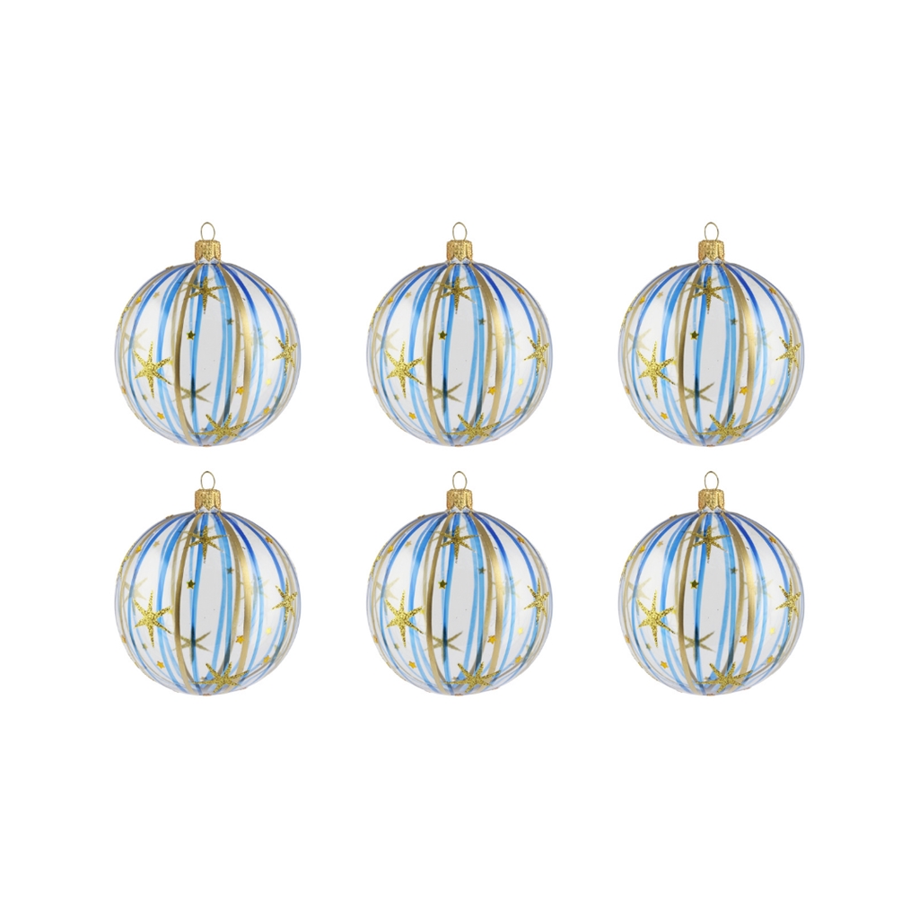  Set aus kleinen transparenten Weihnachtskugeln mit blauem Dekor