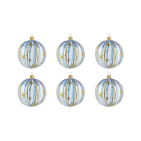 Set aus kleinen transparenten Weihnachtskugeln mit blauem Dekor