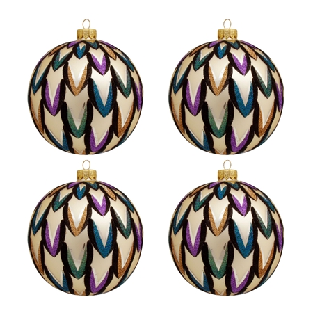  Set aus cremefarbenen Weihnachtskugeln mit farbenfrohem Dekor