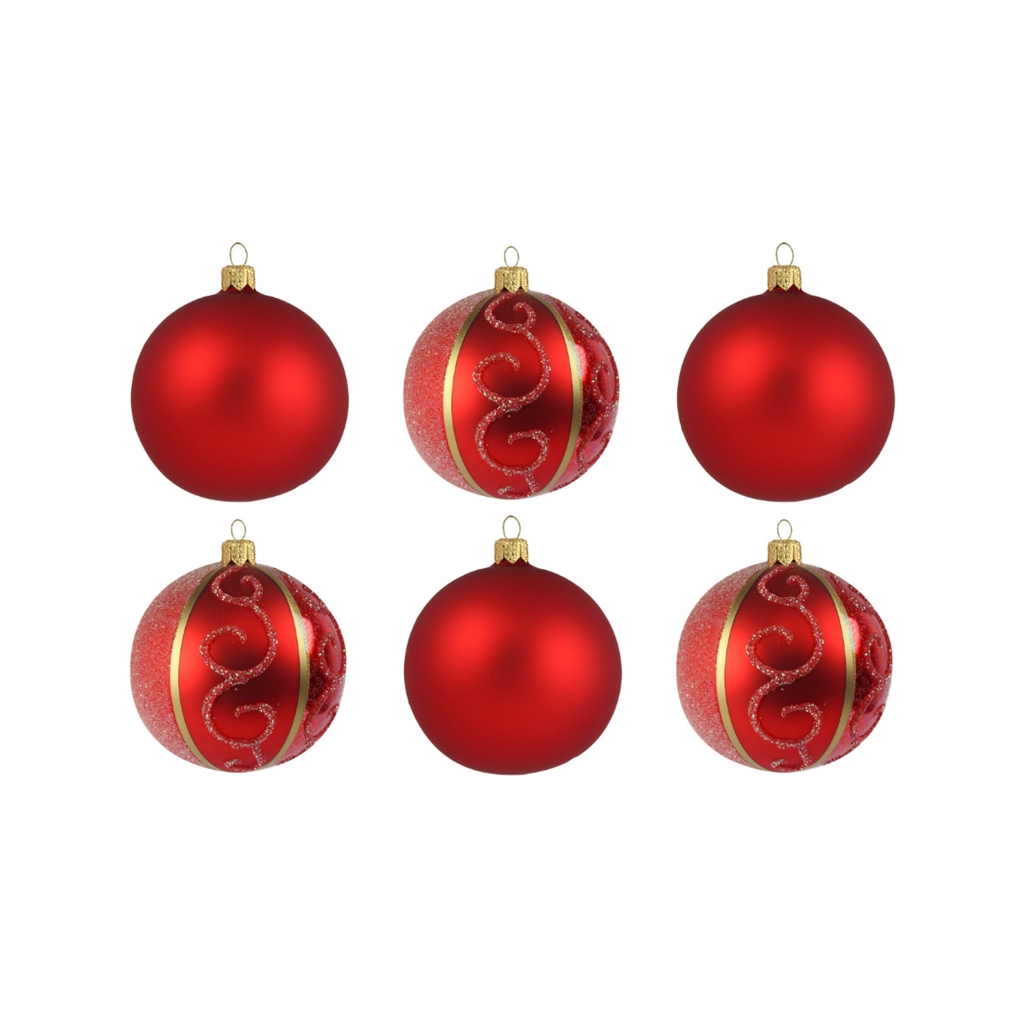  Set aus roten Weihnachtskugeln mit Golddekor
