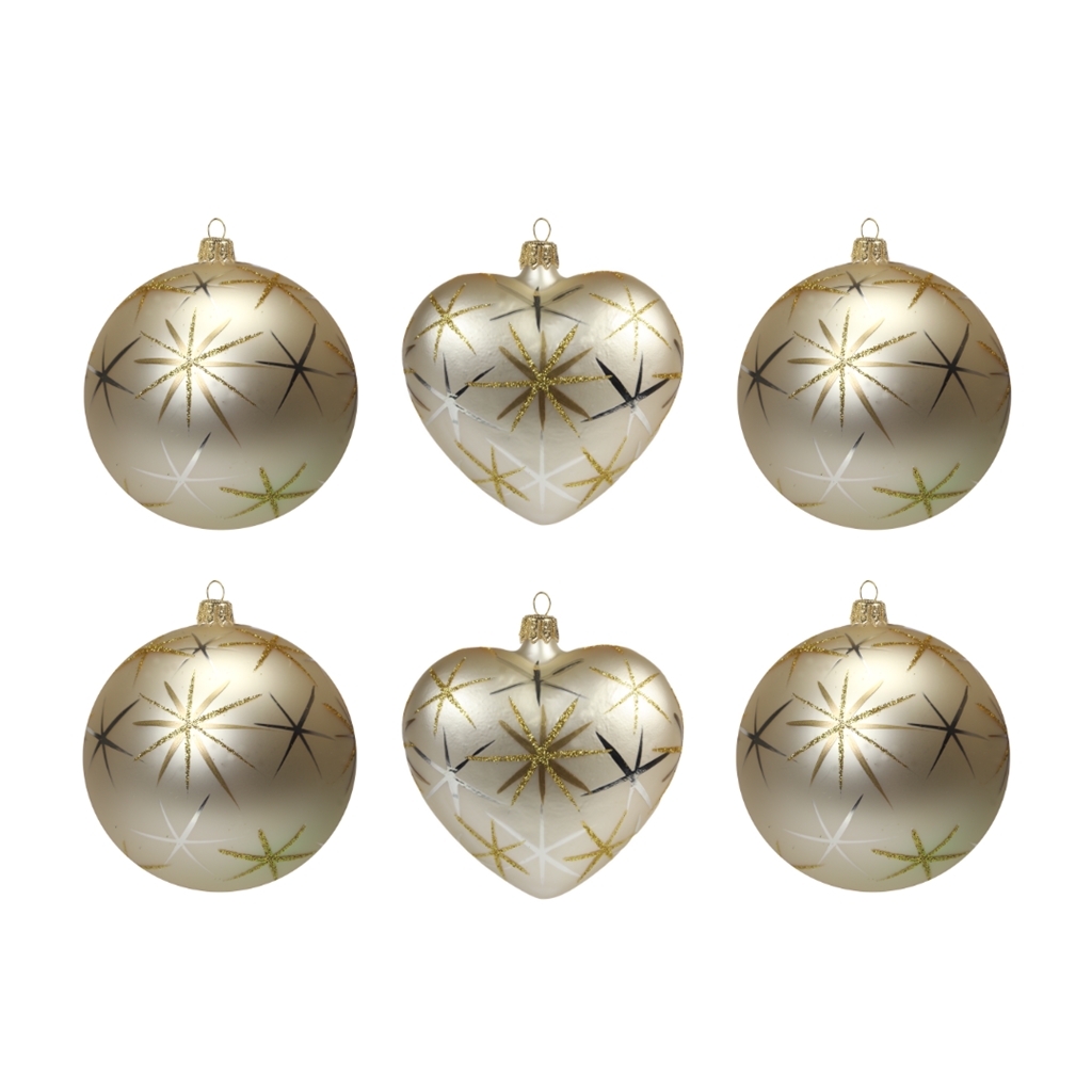Set cremefarbener Weihnachtskugeln mit Sternen