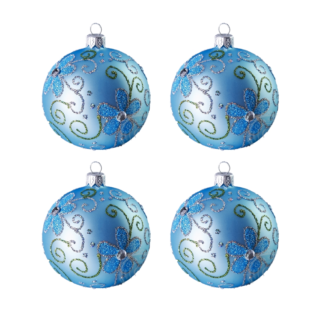  Set blaue Weihnachtskugeln mit Blumen