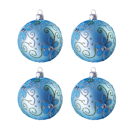  Set blaue Weihnachtskugeln mit Blumen