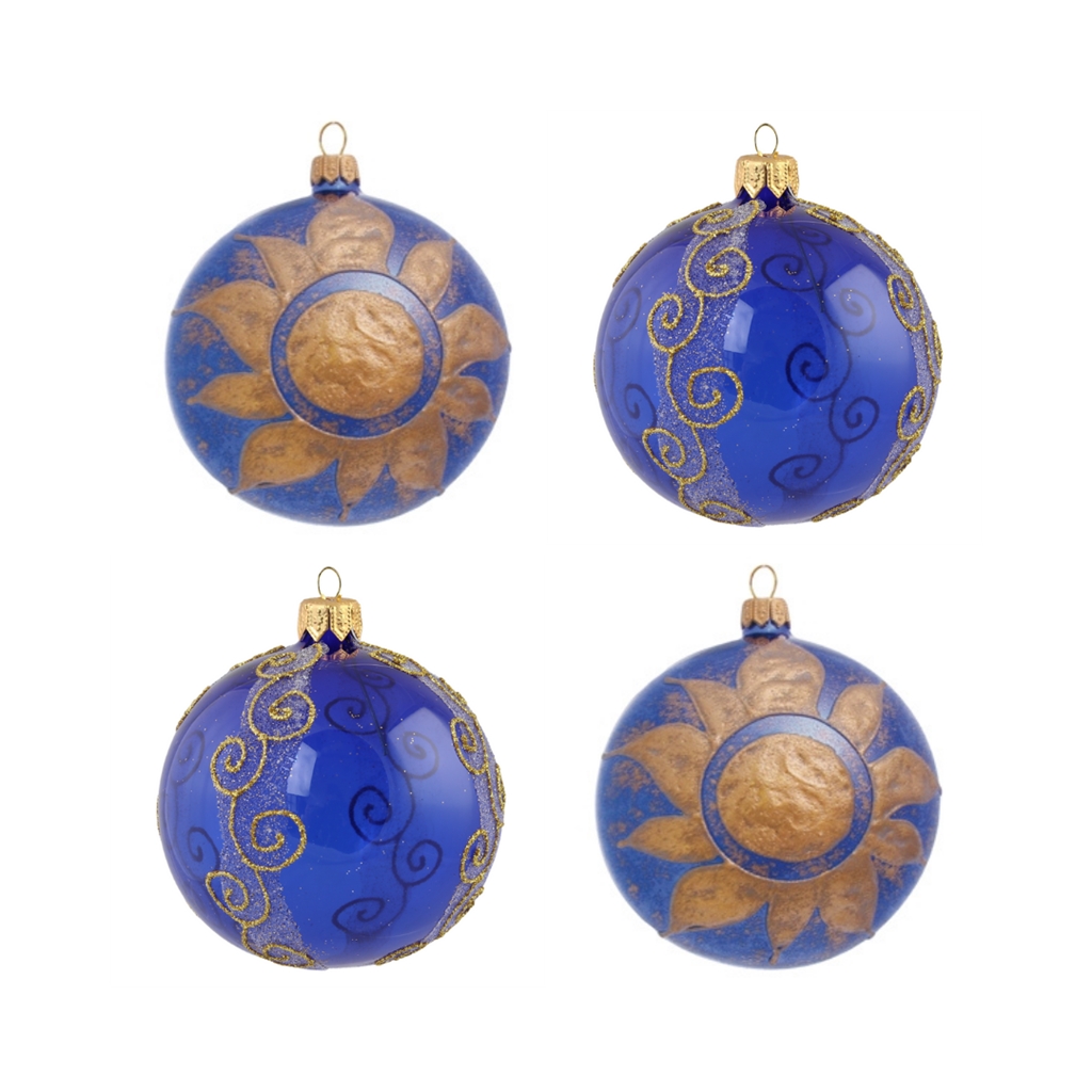 Set aus blauen Weihnachtskugeln mit Golddekor