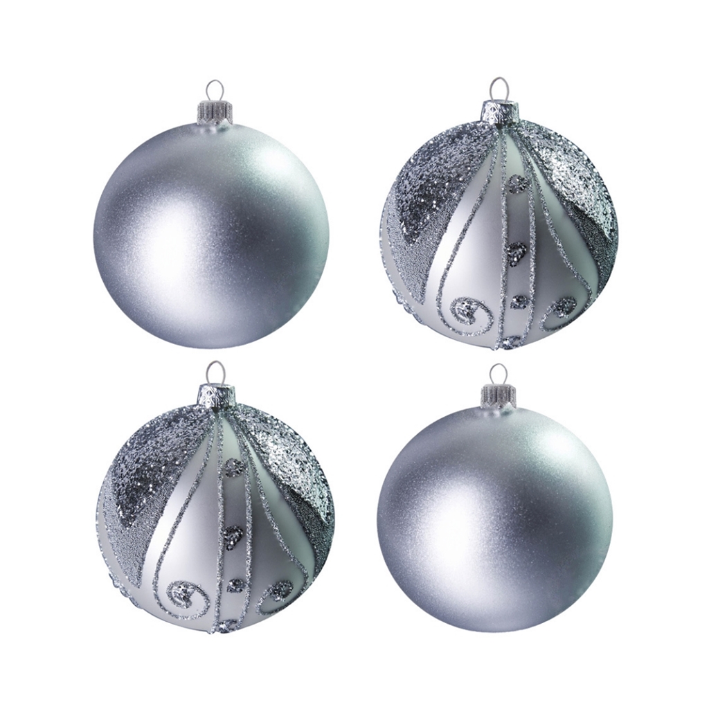  Set aus silbernen Weihnachtskugeln mit silbernem Dekor