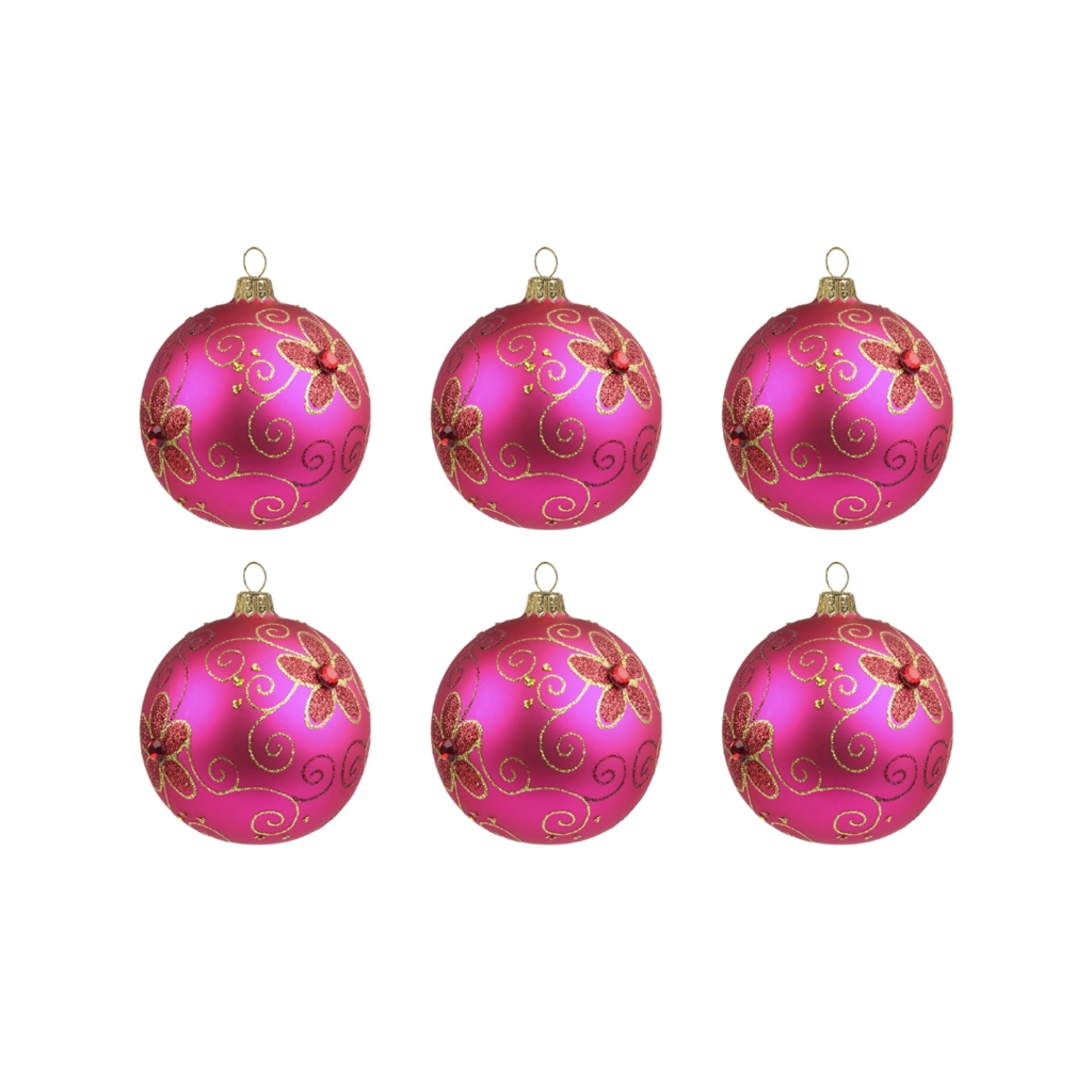  Set rosa Weihnachtskugeln mit Blumen