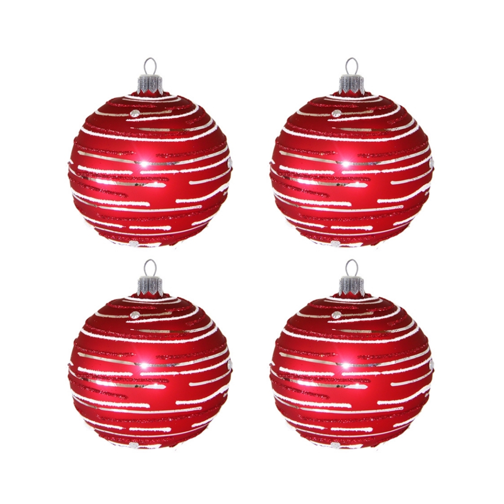 Set aus großen roten Weihnachtskugeln mit Streifendekor