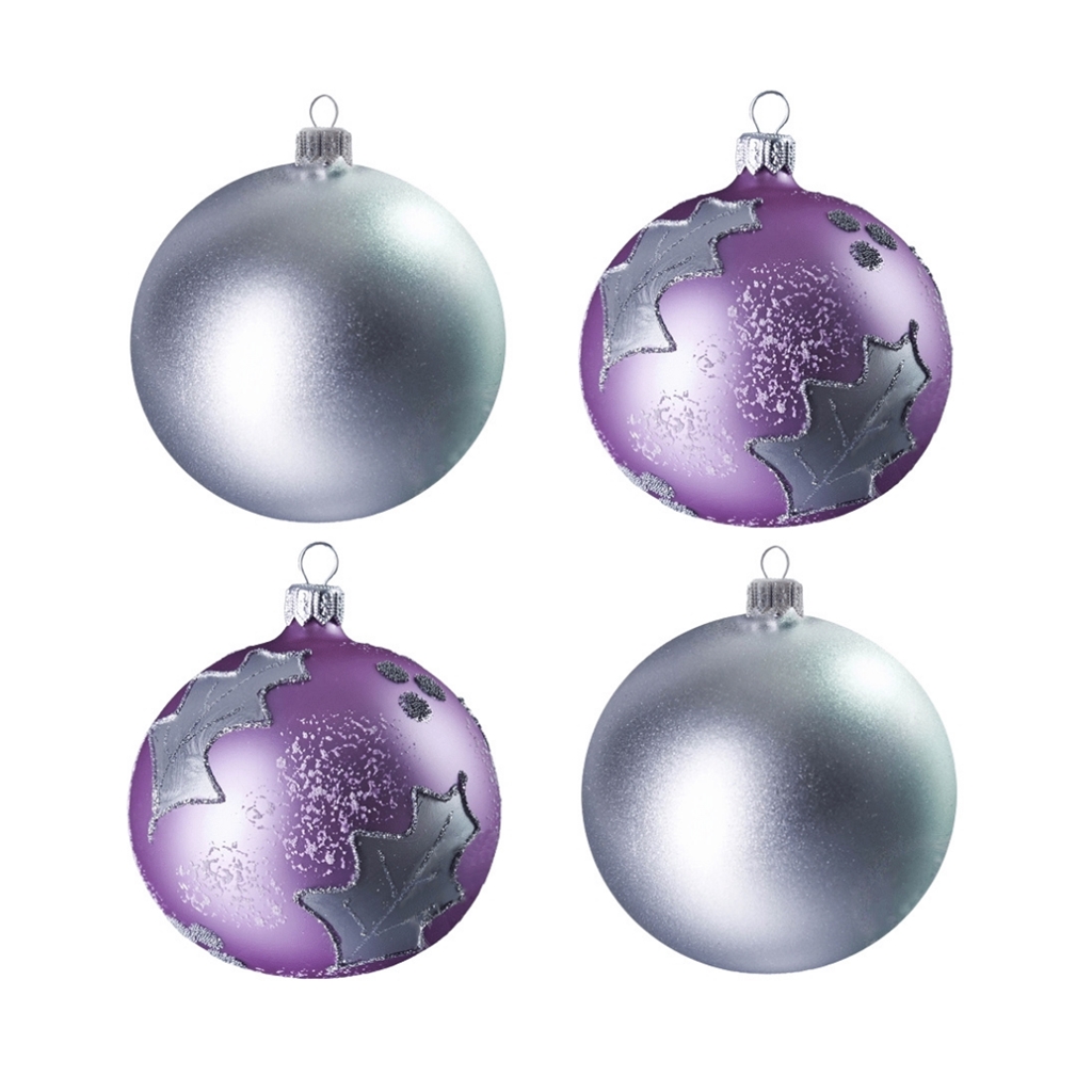 Set aus großen silber-lila Weihnachtskugeln