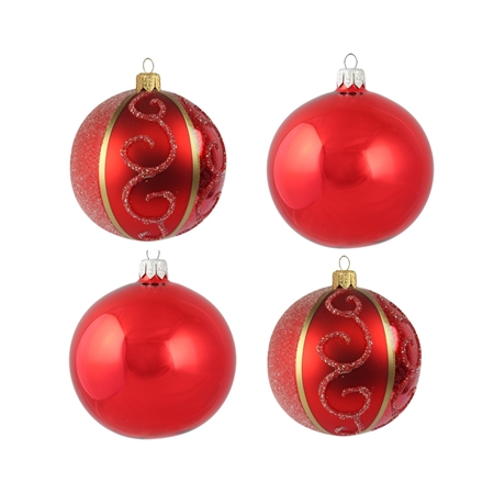 Set aus roten Weihnachtskugeln mit Dekor