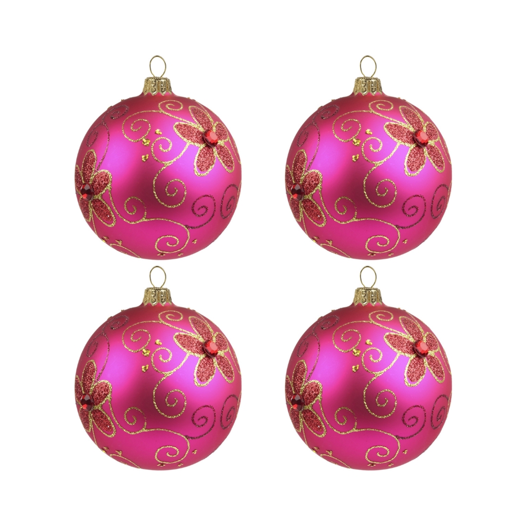 Set aus großen rosa Weihnachtskugeln mit Blumen