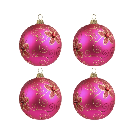 Set aus großen rosa Weihnachtskugeln mit Blumen