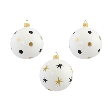 Set aus drei Weihnachtskugeln mit Punkten und Sternen