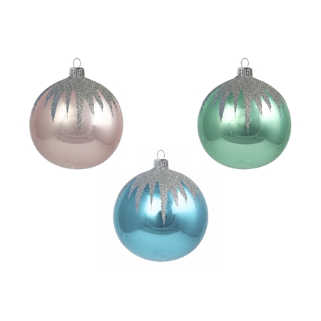  Set aus drei Weihnachtskugeln in Retro-Farben mit silbernem Dekor