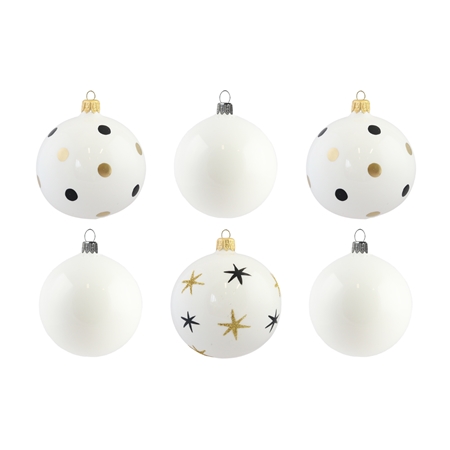 Set Weihnachtskugeln in Weiß mit Punkten und Sternendekor