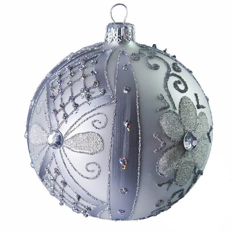 Weihnachtskugel aus Glas Silber Blüten
