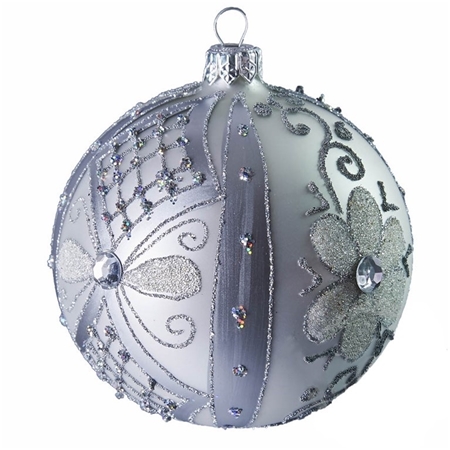 Weihnachtskugel aus Glas Silber Blüten
