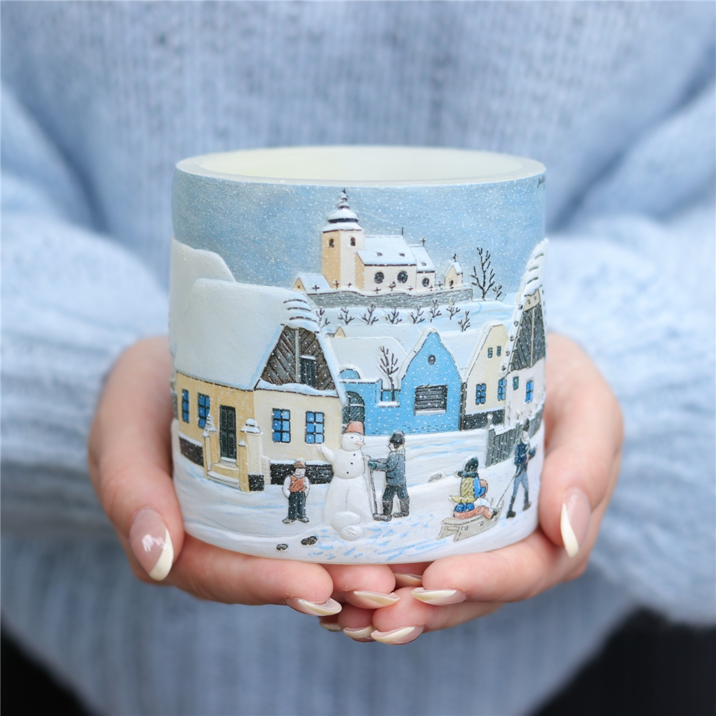 Laterne mit Illustration Wir bauen einen Schneemann
