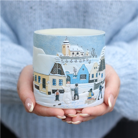 Laterne mit Illustration Wir bauen einen Schneemann