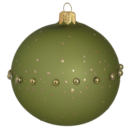 Glasornament in mattgrüner Farbe mit goldenen Perlen und Tupfendekor